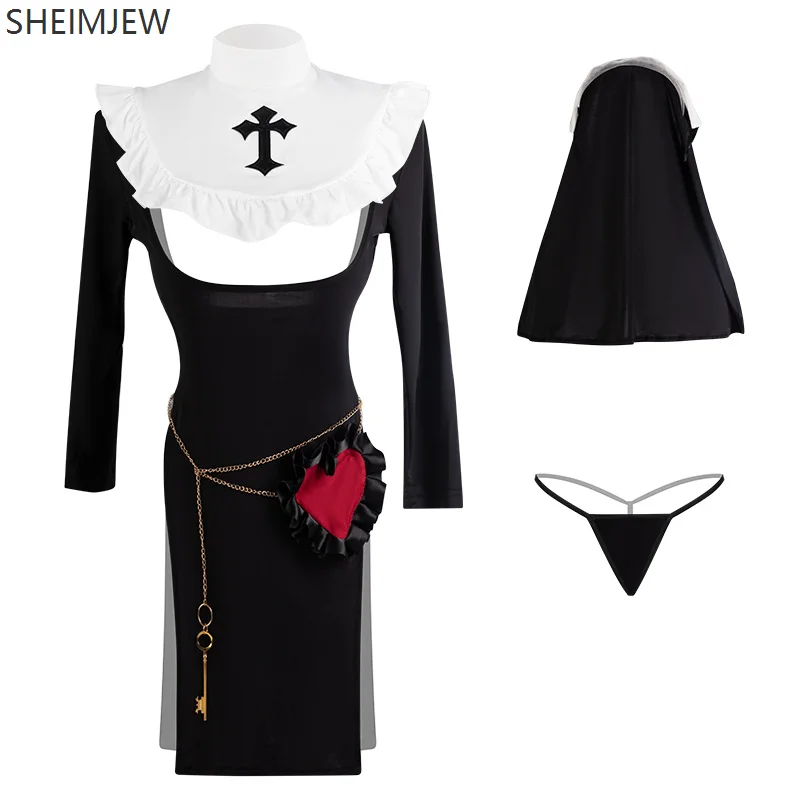 

Sexy Adult Dark Nun Uniform Carnival Party Role Play Costume Chest Hollow Perspective Slit Maid Women's Underwear Nightdress