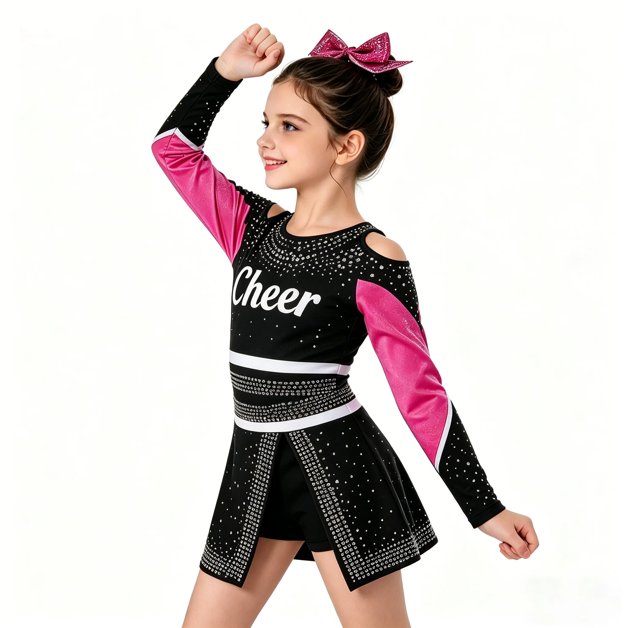 

Kids Girls Cheerleading Uniform Long Sleeve Rhinestone Glitter Cheerleader adult Costume Dance Dress School Stage Performance