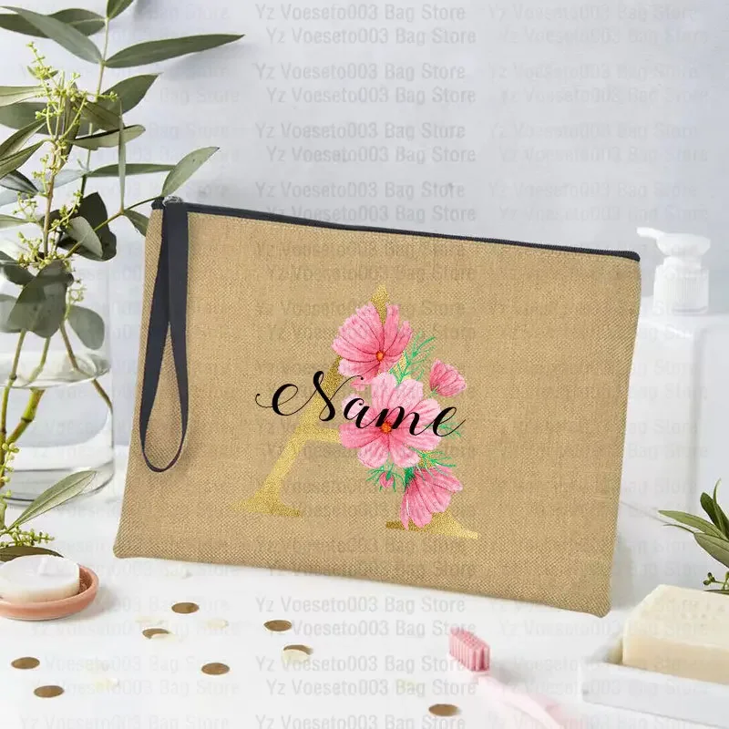 Custom Name Logo Bag Personalized Name Pouch Women Linen Cosmetic Makeup Wash Bags Pencil Cases Birthday Bridesmaid Teacher Gift