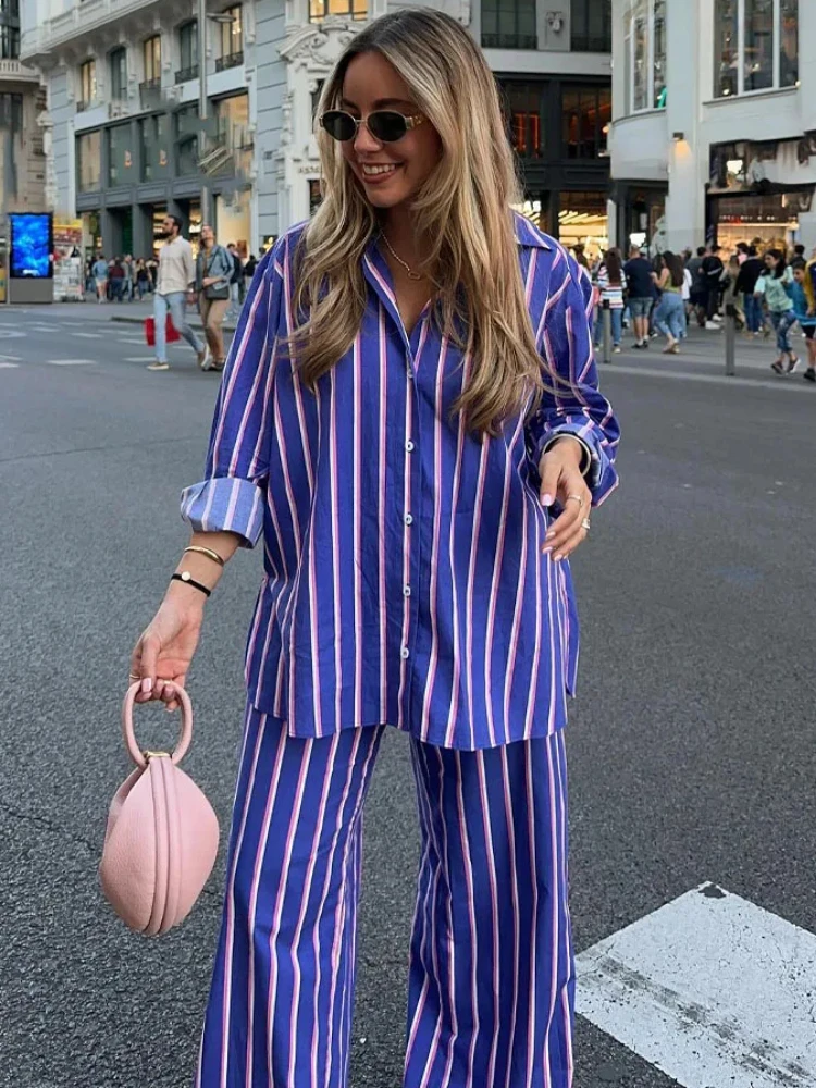 ZBZA Women\'s Oversized Striped Shirt Pants Suit Lapel Long Sleeves Top High Elastic Waist Pockets Straight Leg Pant Female Set