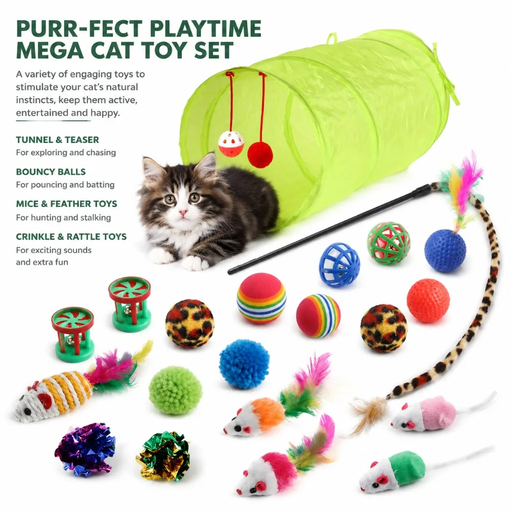 Premium Kitten Variety Toy Set Feather Teaser Wand Catnip Crinkle Mice Bell Ball Interactive Play Supplies For Household