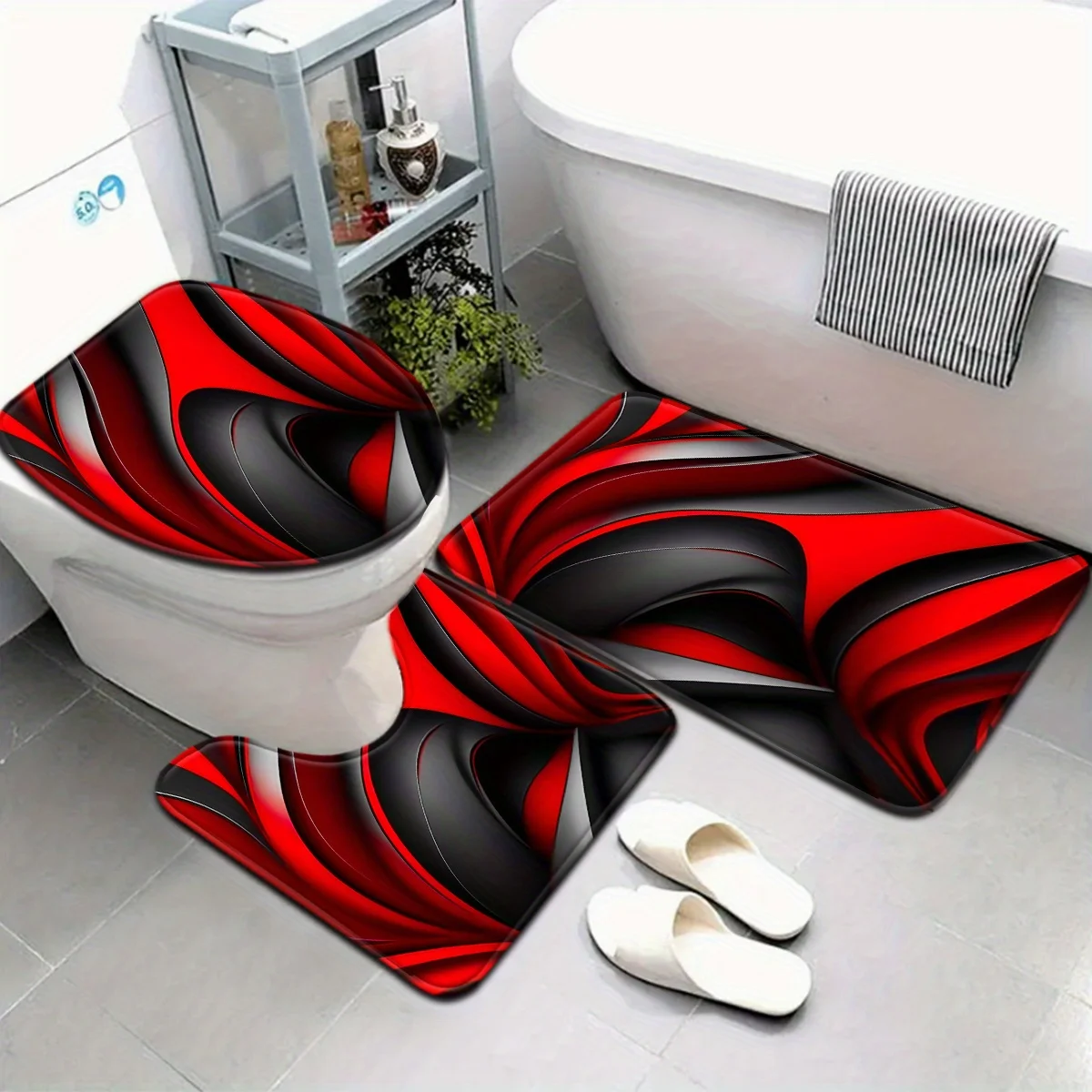 3pcs Modern Bath Mat Set - Red & Black Wave Design, Non-Slip Toilet Seat Cover & U-Shaped Rug, Trendy Bathroom Decor