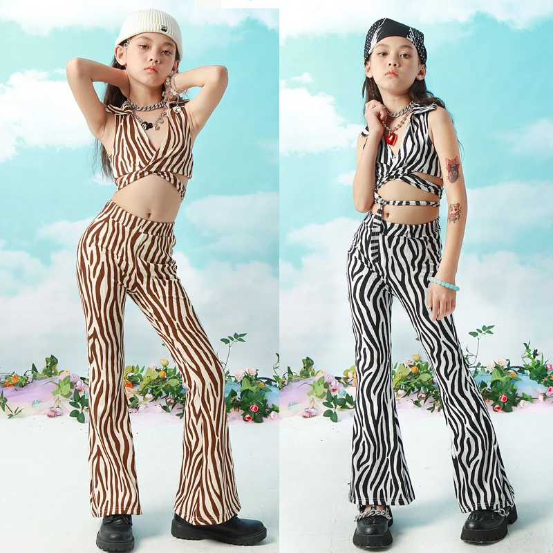 

New Jazz Dance Costume For Girls Kpop Outfit Zebra Pattern Top Pants Kids Hip Hop Clothes Stage Street Dance Clothing XS6540