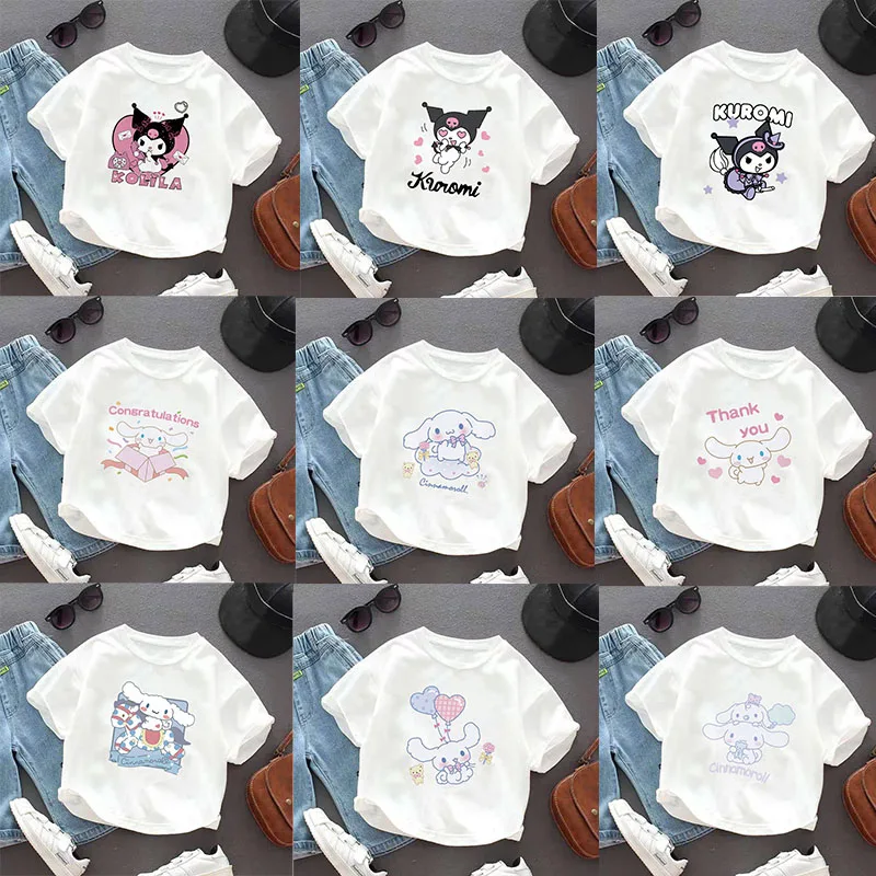 Sanrioed-Camiseta de manga corta de algodón Cinnamoroll para niños y niñas, Kuromi bonita camiseta de dibujos animados, Tops de verano, ropa para niños, regalo absorbente de sudor