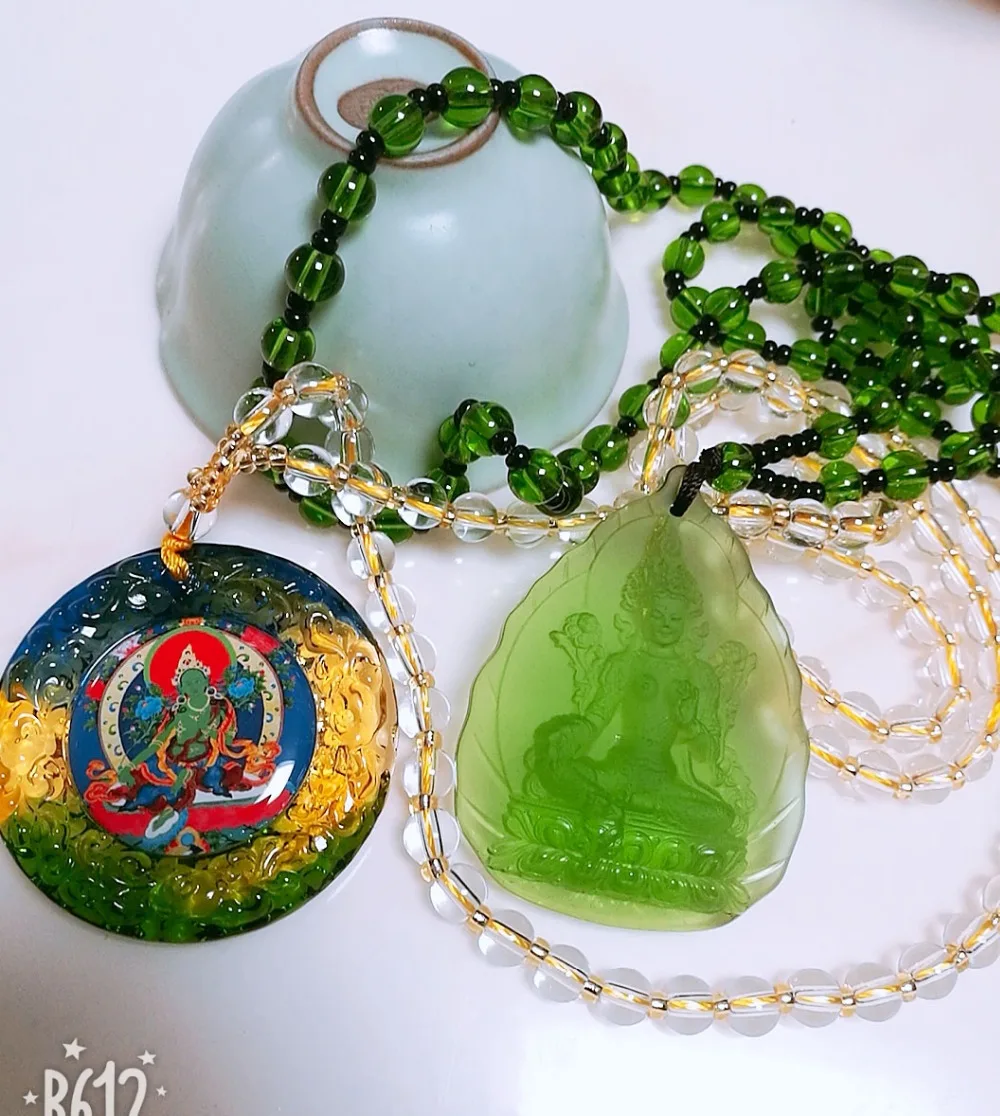 2PCS GOOD Buddhist supplies Greco-Buddhist pocket travel efficacious talisman Green Tara Buddha Crystal Mantra Pendant Amulet