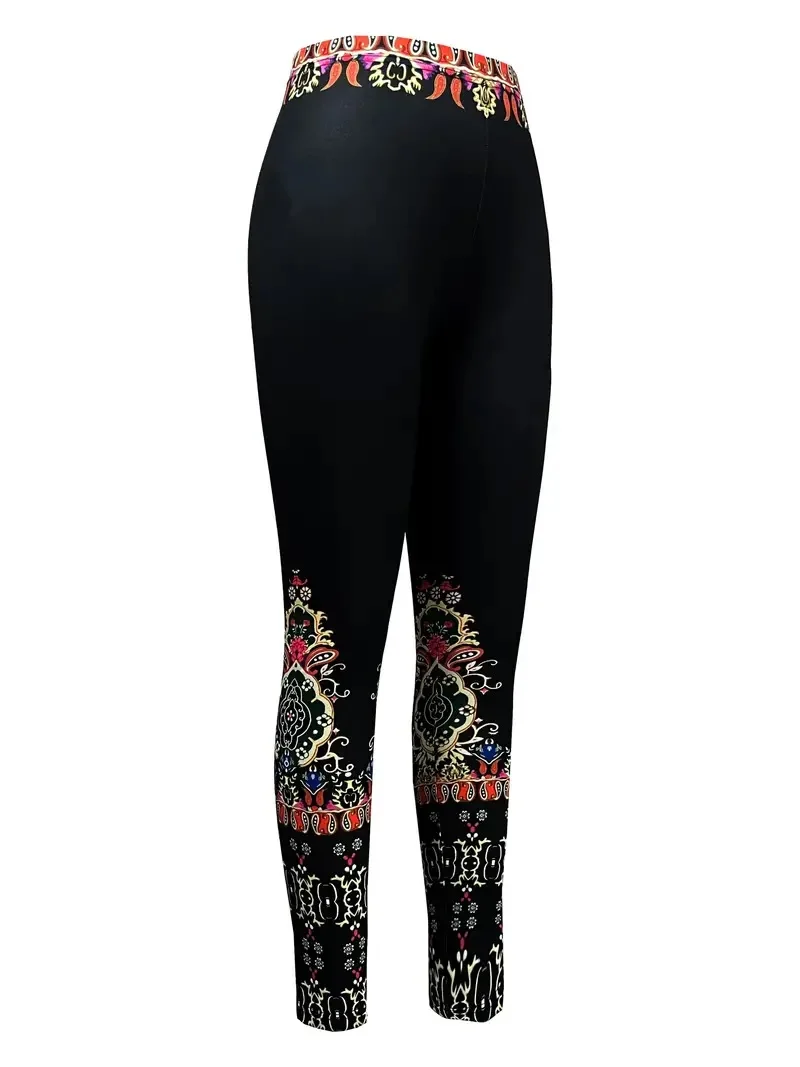 Ethnic print stretch tight elastic waist casual leggings for women every day