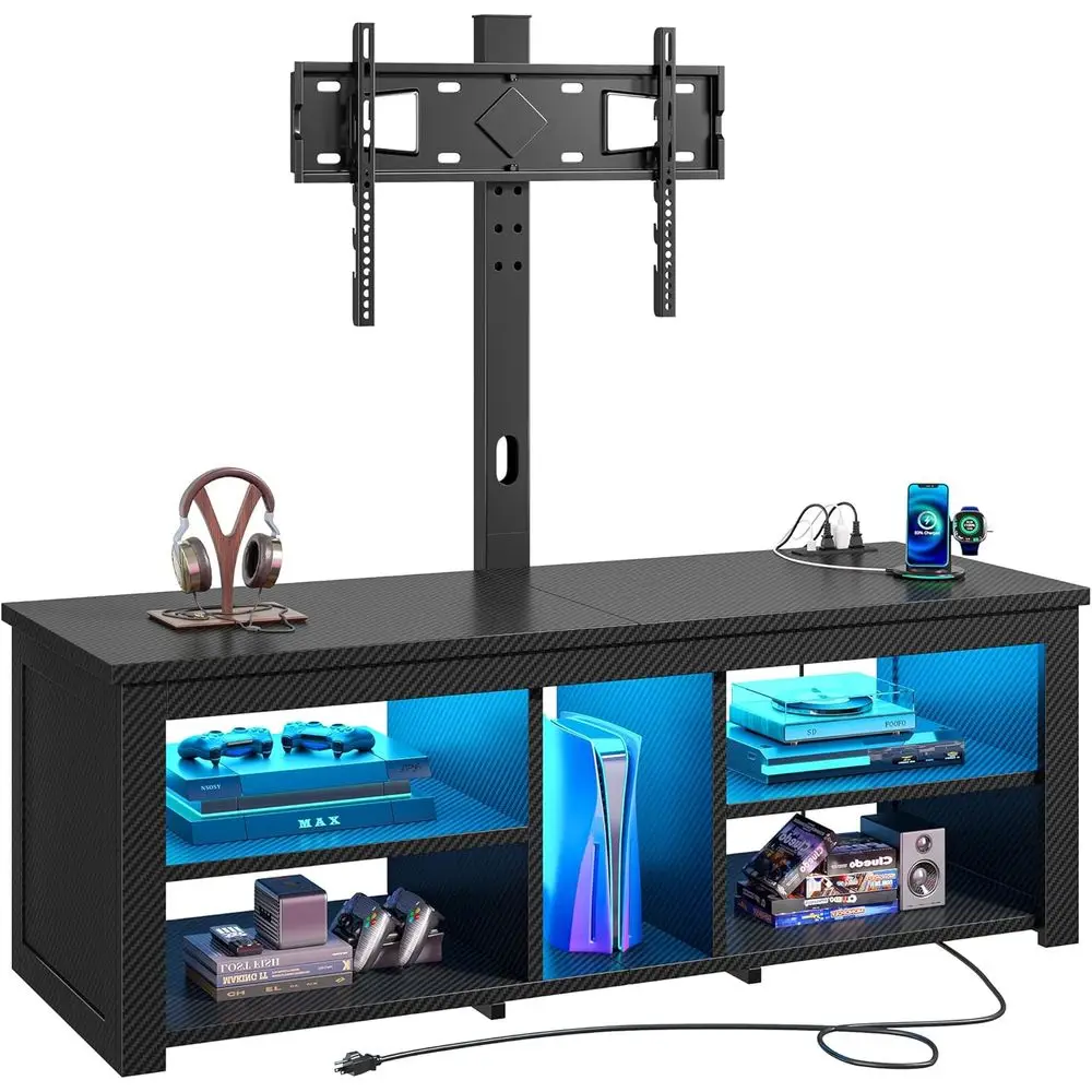 ern TV Stand with Mount or 55/65 Inch TVs,Carbon iber Black | Wood TV Stands with Power Outlet & LED or Living Room,5 Wooden She