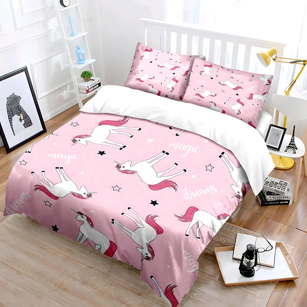 Dreamy Unicorn Pink Background Print Bedding Set 1 Duvet Cover 2 Pillowcases for Adult and Children Luxury Gift Full Size