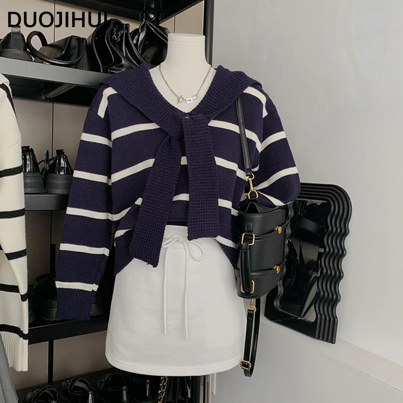 

DUOJIHUI Fake Two Piece Classic Striped Loose Sweater Women Cardigan Korean Fashion Simple Chicly Shawl Knitting Female Cardigan