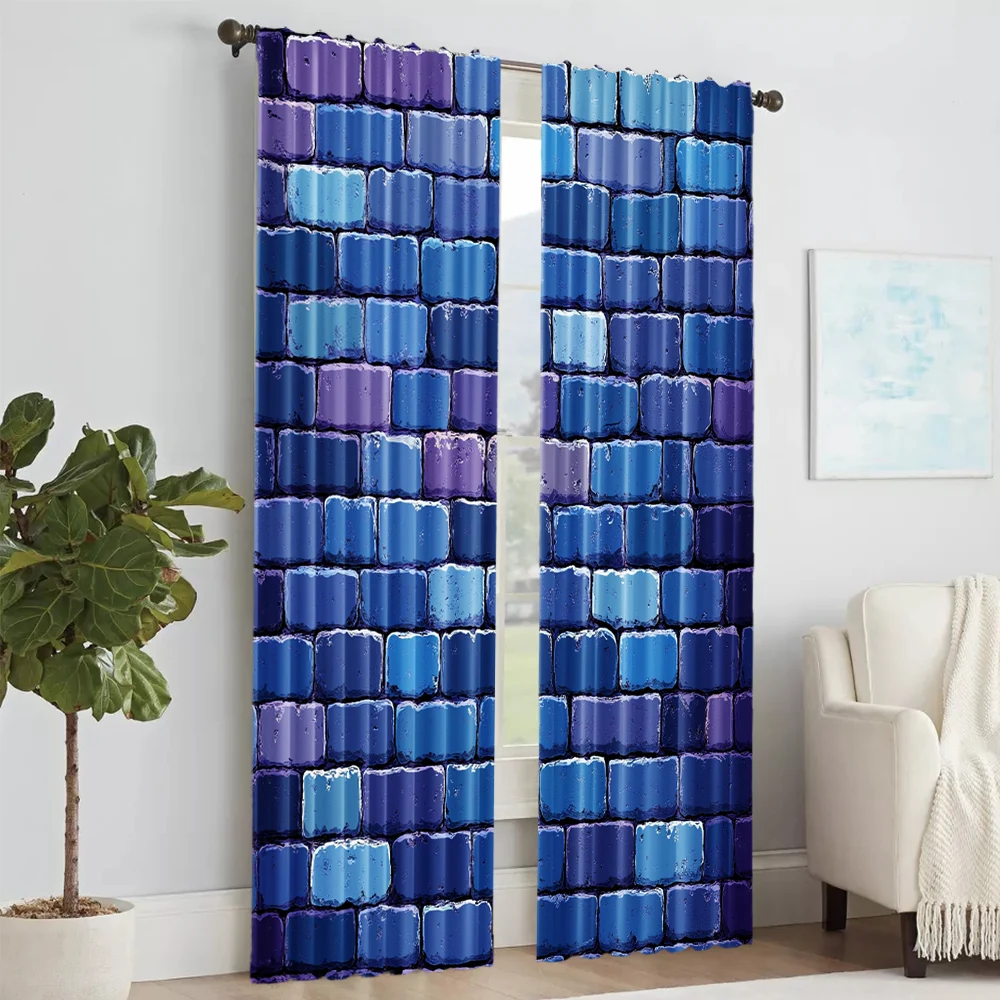 2 pcs, versatile polyester transparent curtains for home decoration Blue Brick Wall for use in bedrooms and living rooms