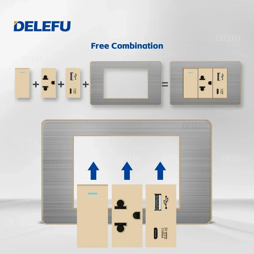 DELEFU Stainless Steel Gold Border Gray Panel Thai Switch Socket Computer USB Type C Wall Power Socket