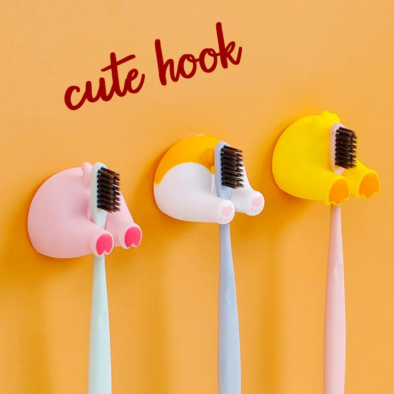 Cartoon Animal Tail Kids Toothbrush Holder Punch-Free Wall Hook Cute Self-adhesive Bathroom Towel Hook Toothbrush Holder