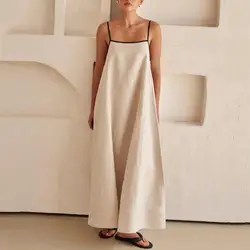 Maxi abito moda in cotone e lino per donna 2024 primavera con spalle scoperte abiti lunghi senza maniche abito da spiaggia estivo Chic femminile