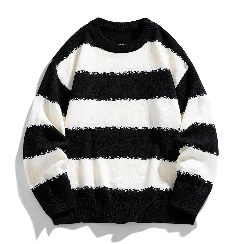 

Autumn/Winter Men's Pullover Round Neck Loose Striped Contrast Letter Warm and Thick Casual Fashion Elegant Commuting Knitwear