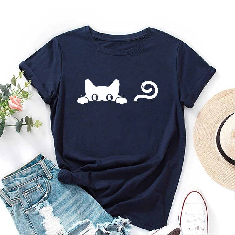 2025 mais popular feminino bonito gato camiseta de alta qualidade em torno do pescoço camisetas menina diariamente casual moda t