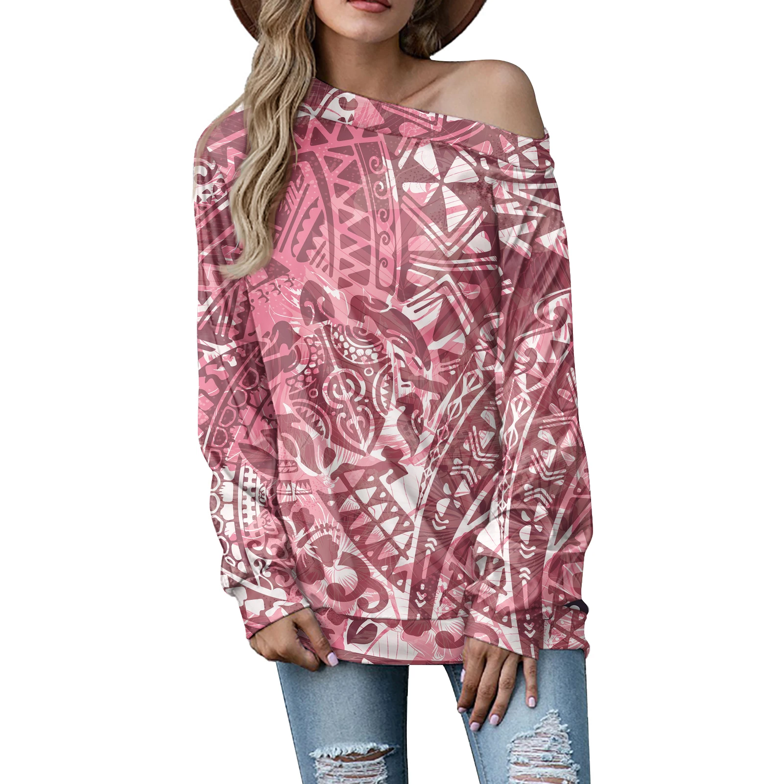 

Polynesian Tribal Slanted Shoulder Long Sleeve Sweatshirt Print On Demand T-shirt Stylish Style Women's Daily Wear In Spring