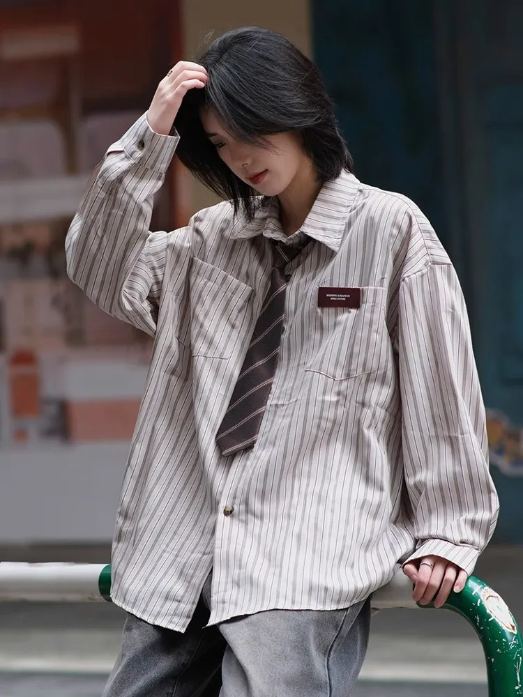 

Retro Japanese Hong Kong Style Striped Long Sleeve Shirt Unisex Spring Summer Autumn Loose Casual Shirt Jacket for Youth