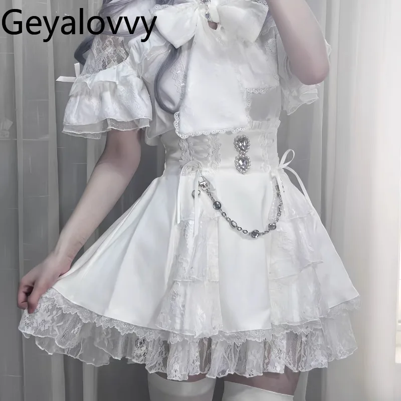 Letnia, codzienna krótka spódniczka z wysokim stanem, słodka, z koronkowym wykończeniem z dżetów, mini spódniczka w kształcie litery A dla kobiet, styl japoński Lolita.