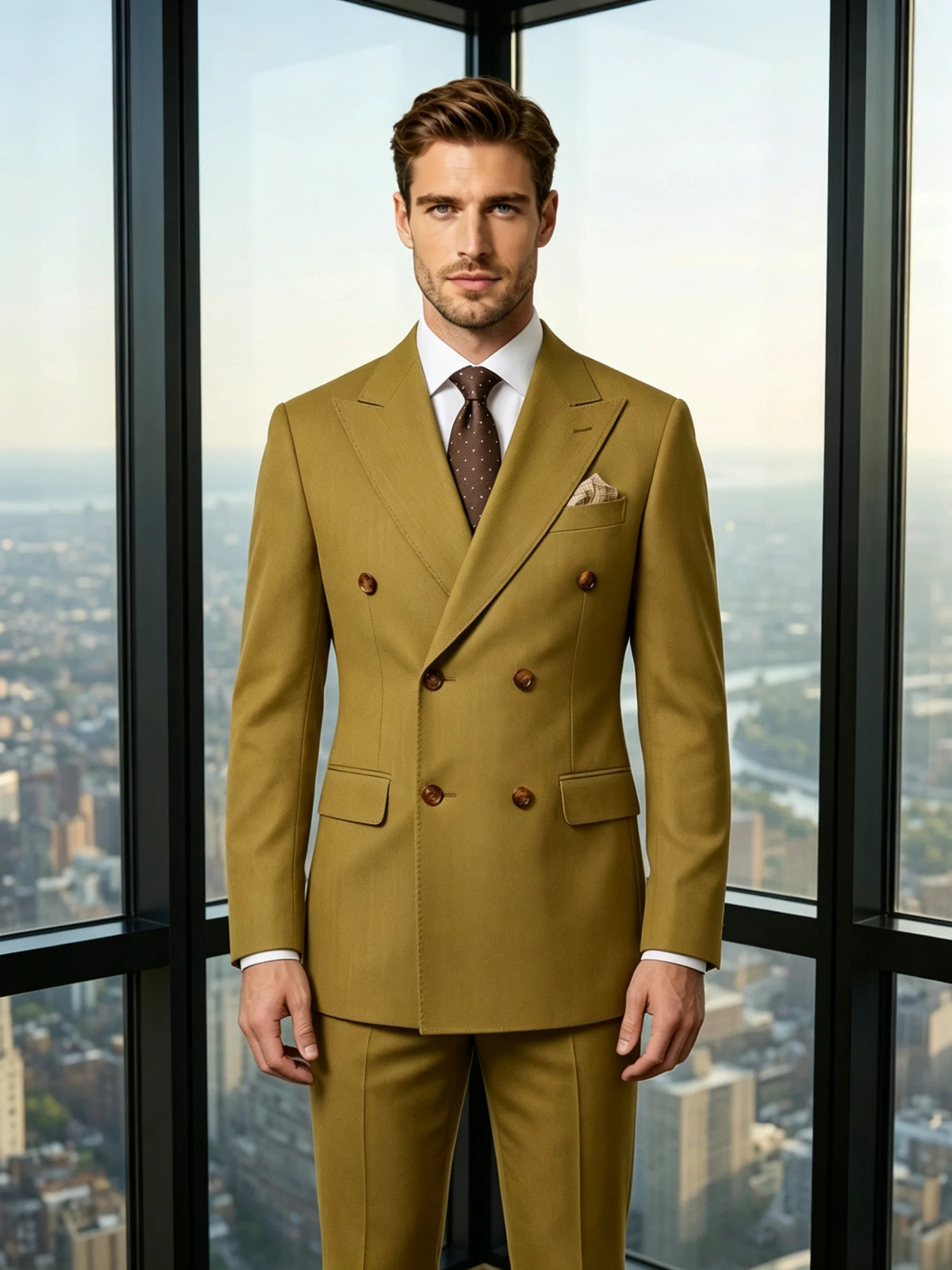 

Мужской двубортный пиджак горчично-желтого цвета, приталенный, с острыми лацканами, для деловых встреч, свадеб и торжественных мероприятий