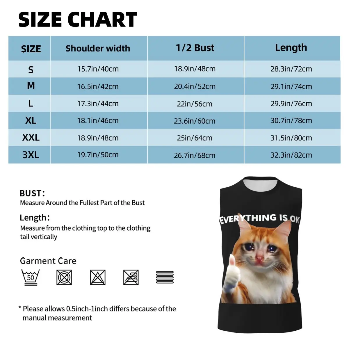 Everything's Ok Crying Cat Memes Men Printed Sleeveless T-shirt Casual Hip Hop Street Style Beach Holiday Tank Tops