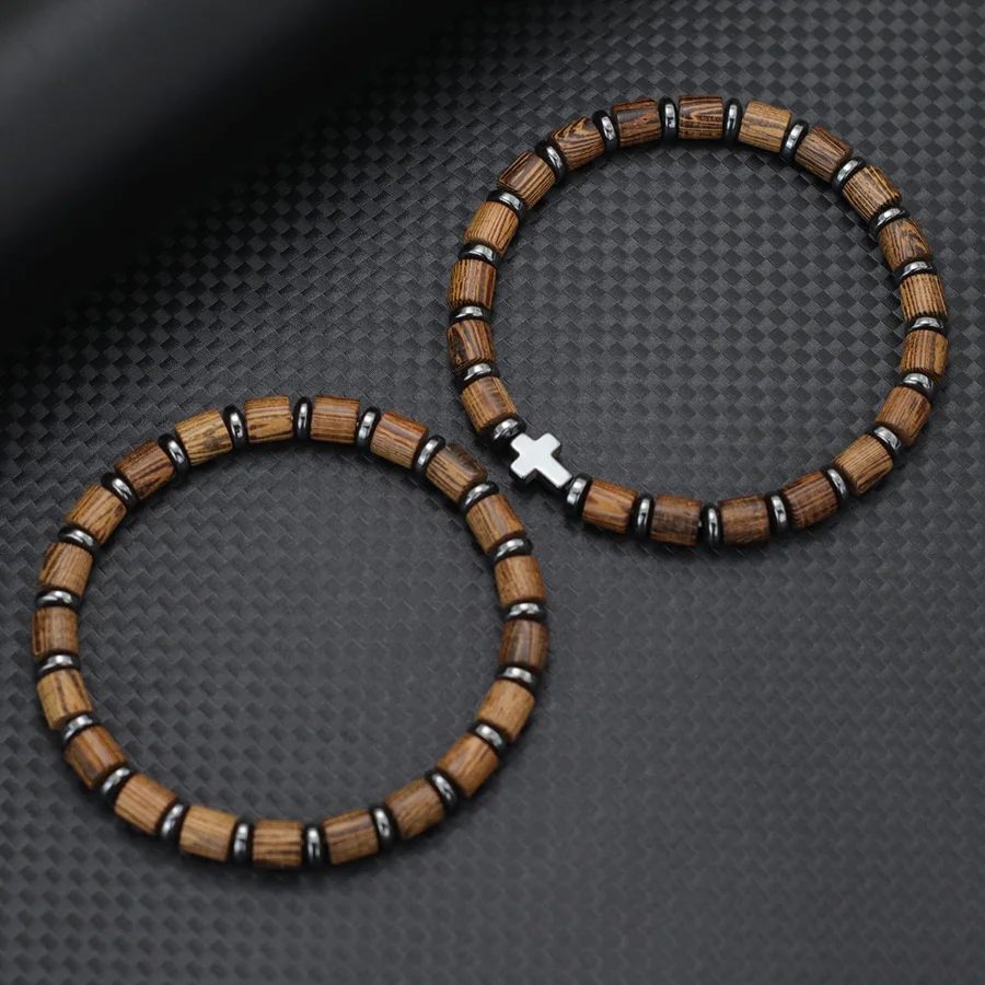 

Noter New Handmade Natural Wooden Bracelet For Men Hematite Stone Cross Braslet Yoga Meditation Healing Braclet Pulseras Homme