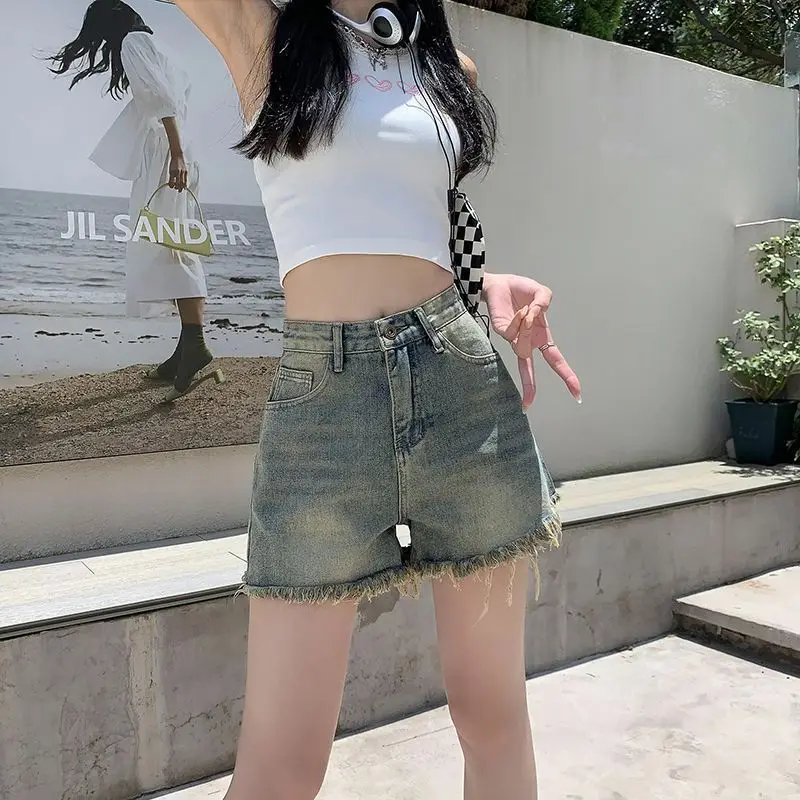 

2025 Korean Style Denim Shorts Women's Summer Plus Size Slim-fit Fringed Vintage Casual High-waist Slimming Wide-leg Hot Pants