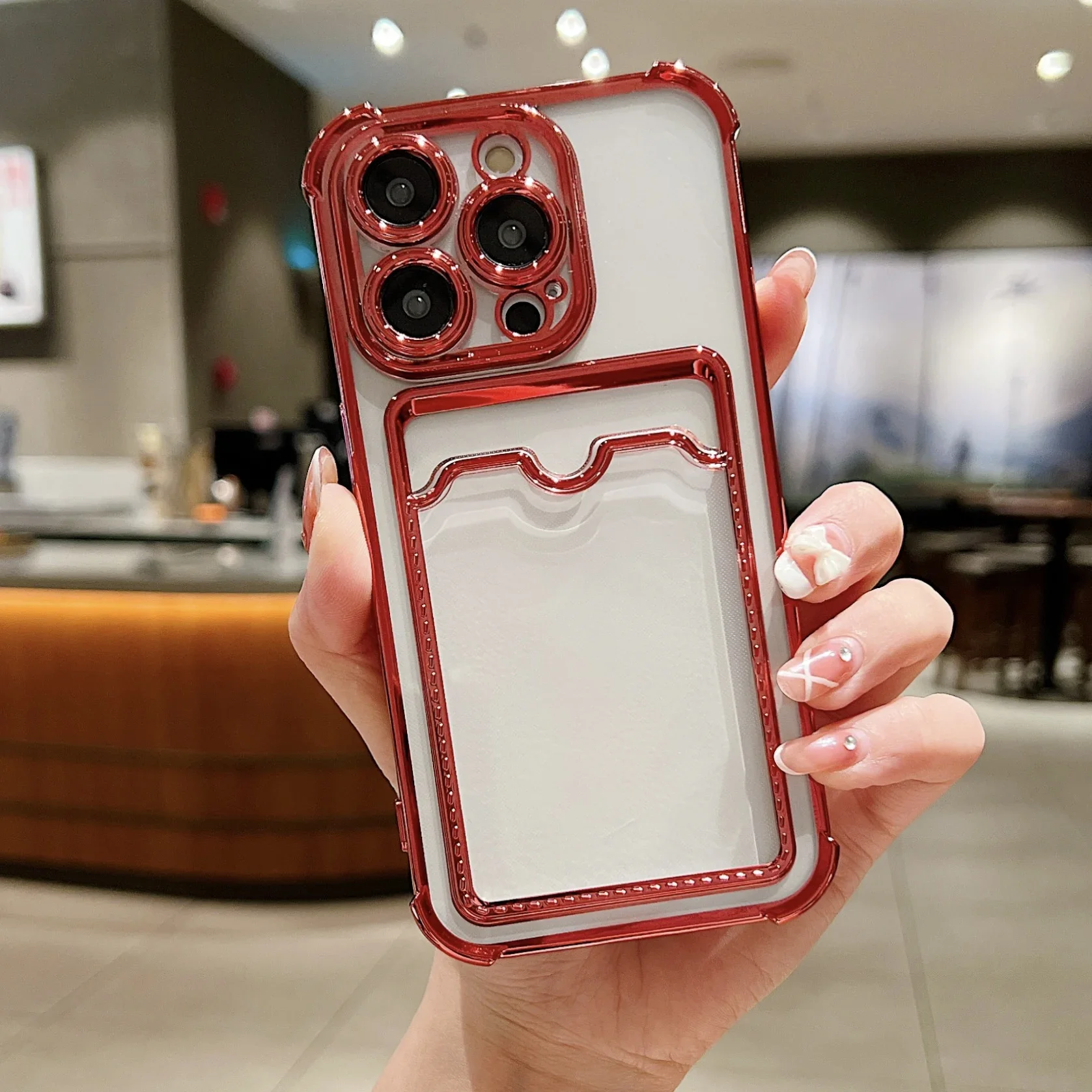 Luxury Plating Transparent Wallet Card Holder Phone Case For iPhone 15 14 13 12 11 Pro Max Plus Card Slot Shockproof Soft Cover