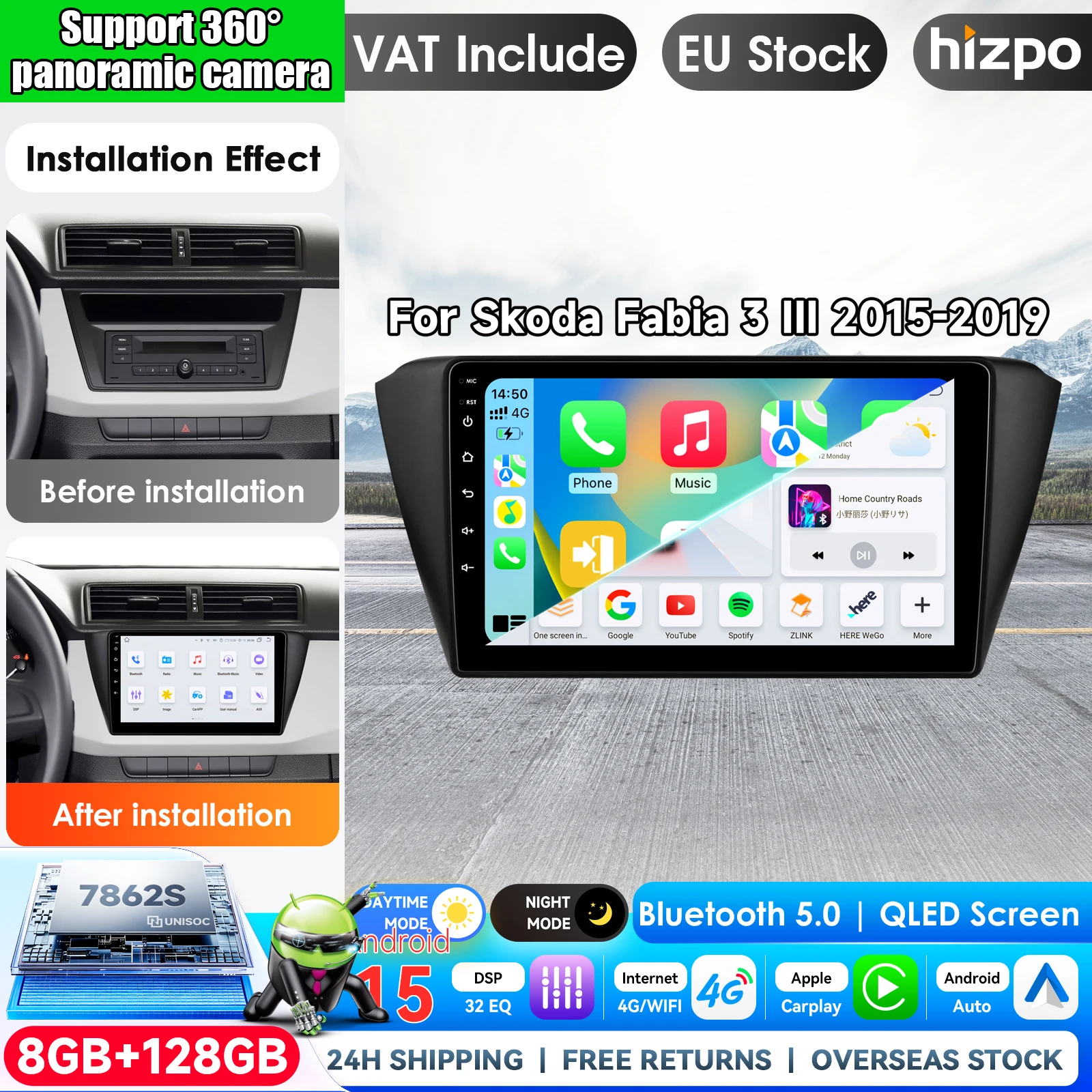 Autoradio multimédia Android 16 Hizpo 9 pouces pour Skoda Fabia 3 III 2015 2016 2017 2018 2019 Carplay 4G Wifi GPS RDS DVD Autoradio stéréo DSP écran tactile Airplay lecteur autoradio stéréo GPS navigation audio unité centrale système intelligent de voiture 4GWIFI FM AM