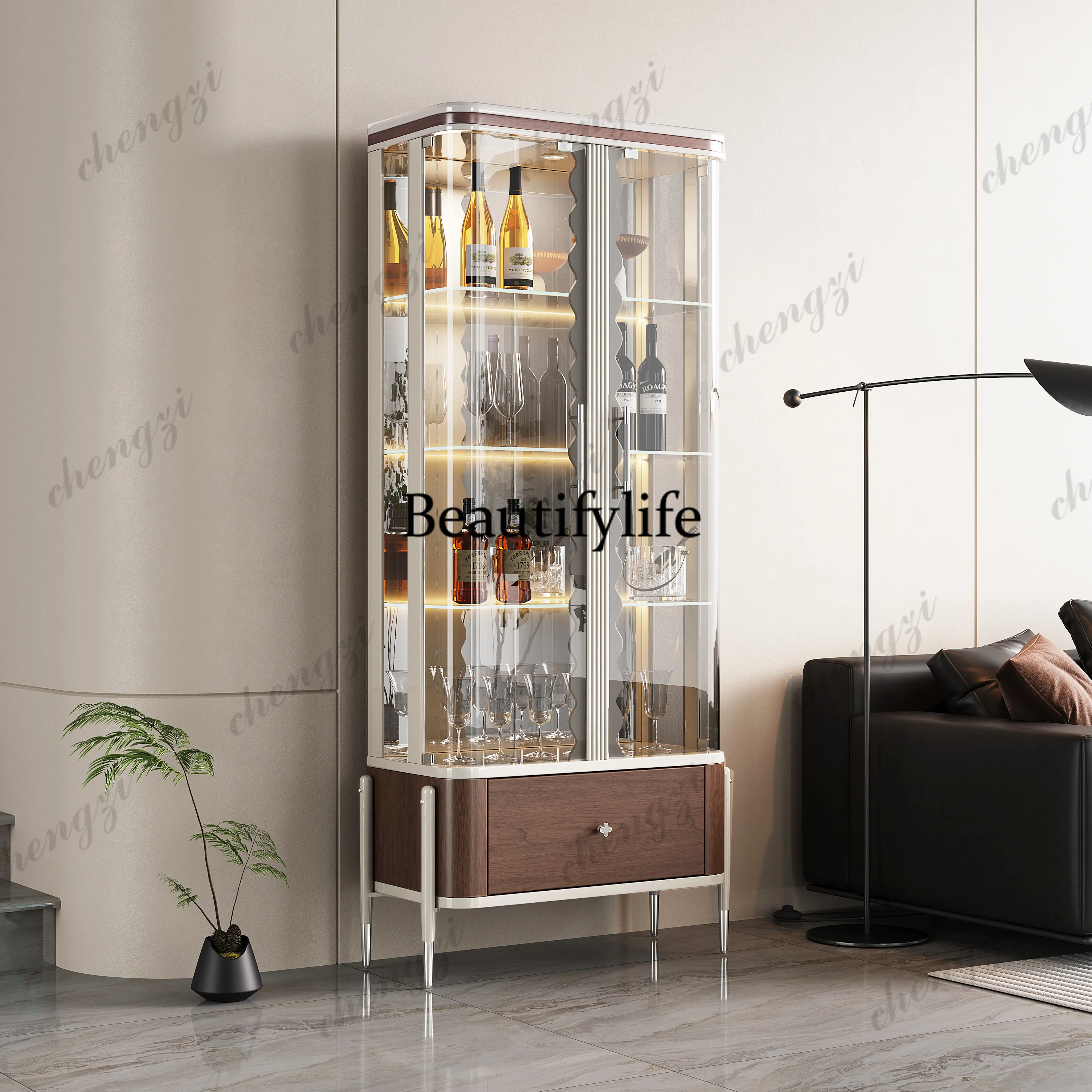 Walnut living room against the wall TV side wine cabinet with lock display cabinet Double door glass decorative cabinet