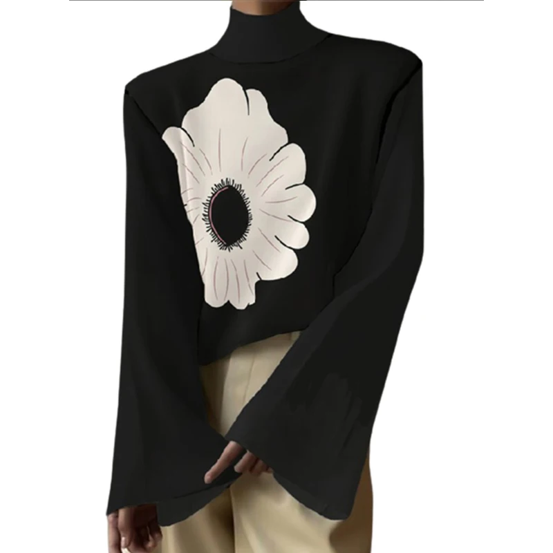 Uslemon Neuankömmlinge weibliche ausgestellte Ärmel Blumen druck High-Neck-T-Shirts Frühling Herbst lässige Mode schwarze Tops für Frauen