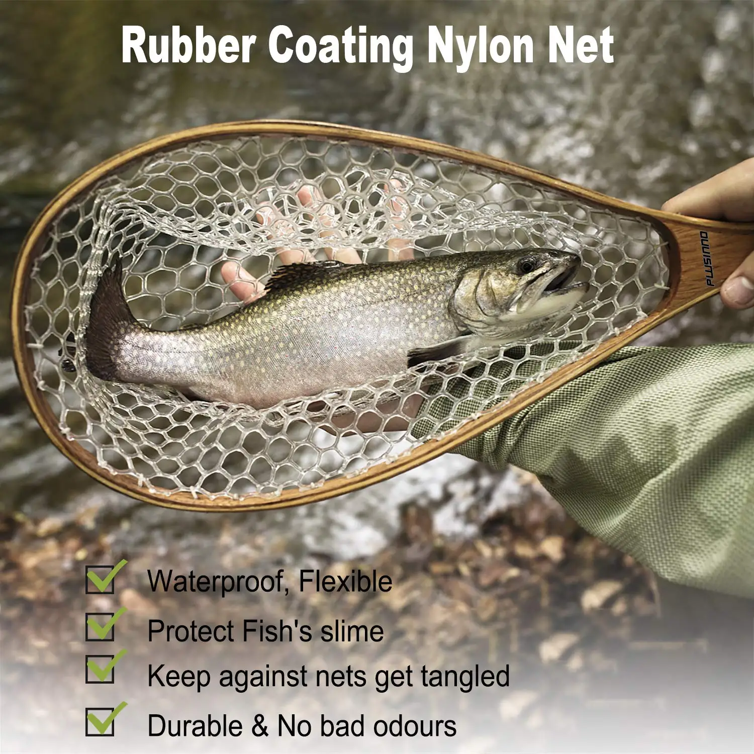 Fly Fishing Landing Nets Wooden Handle Transparent Rubber/Nylon Mesh Trout Mesh Fish Catch Release Stream River Fishing Tool