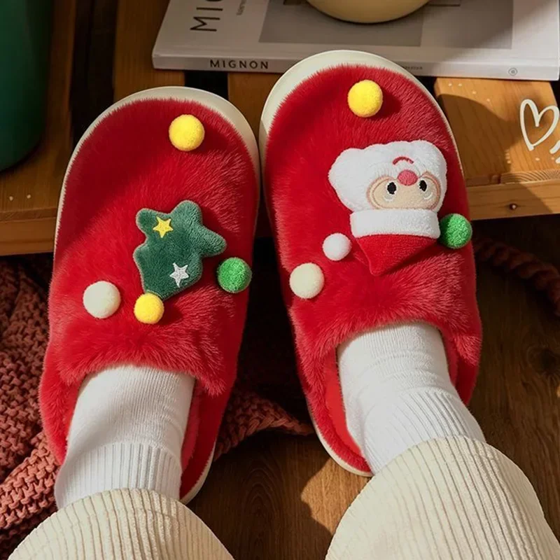 Women's Christmas Plush Home Slippers Cute Cartoon Soft Sole Platform Cotton Slippers Couples Non Slip Warm Indoor Fur Slides