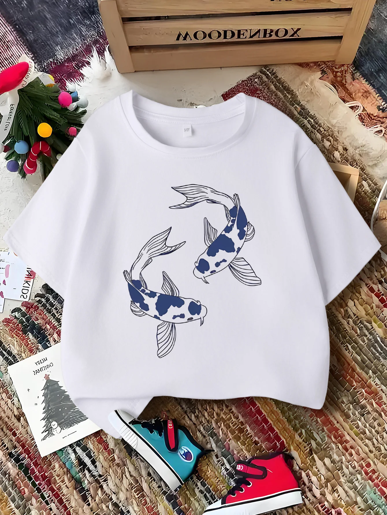 Line Koi Fish Print Kids Tee Boys Girls Family Matching Short Sleeve Breathable Soft Casual Daily Parent Child Comfort Tops