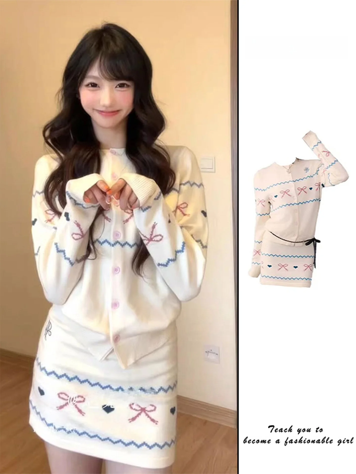 

Feilao Island Wind White Knitted Cardigan Skirt Set Women's Autumn Winter Short Skirt Two-Piece Set Bodycon High Waist Butter...