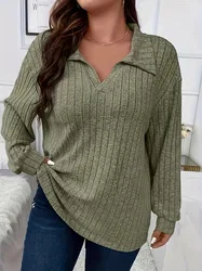 Women's 1XL-5XL Plus Size Casual T-shirt V-neck Ribbed Long Sleeved Lapel with Slight Elasticity, Loose and Comfortable T-shirt