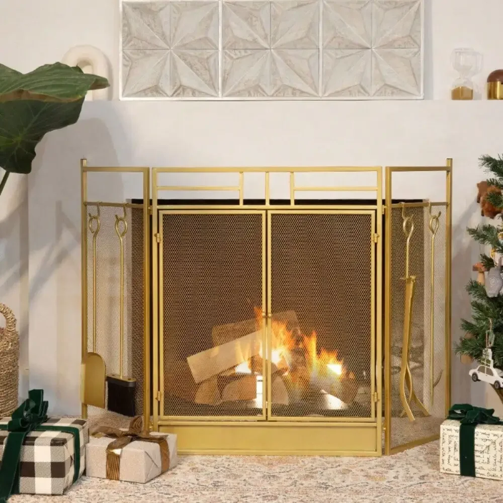 Fireplace 3 Panel Screen Spark Guard Hinged Doors With Tool Gold