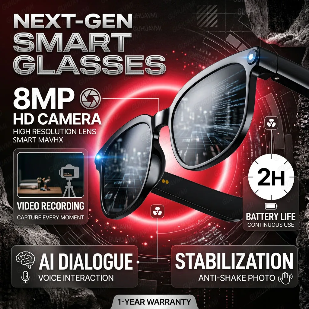 Wireless Smart Camera Glasses 1080P HD Video Recording Open Ear Bluetooth 5.4 Audio Hands Free Calling Anti Shake Sunglasses Men