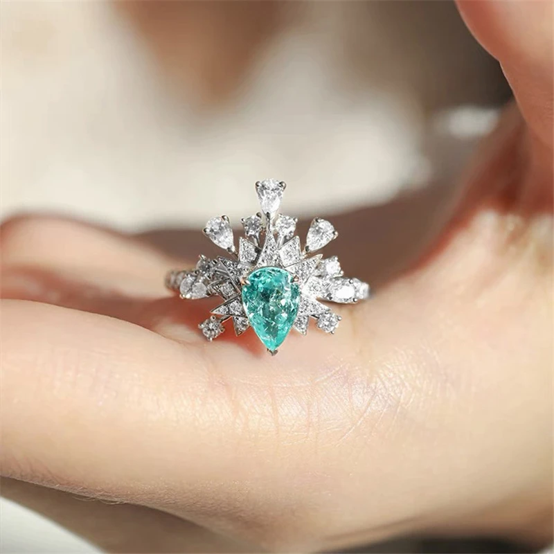 French drop-shaped gemstone sterling silver full diamond open ring luxury designer jewelry high-end sweet eye-catching jewelry