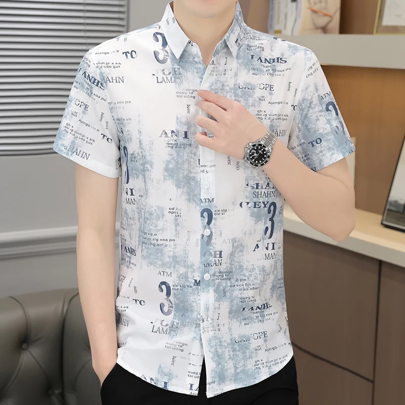 Preppy Style Men\'s Turn-down Collar Button Short Sleeve Geometric Letter Printing Tie Dye Cardigan Shirt Summer Casual Tops