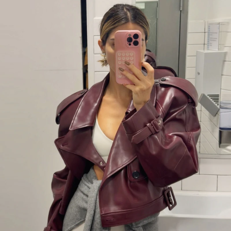 HXAO Cropped leren jas damesjas herfst 2025, bordeaux zwart Outerwears dames topjas met lange mouwen motorjas