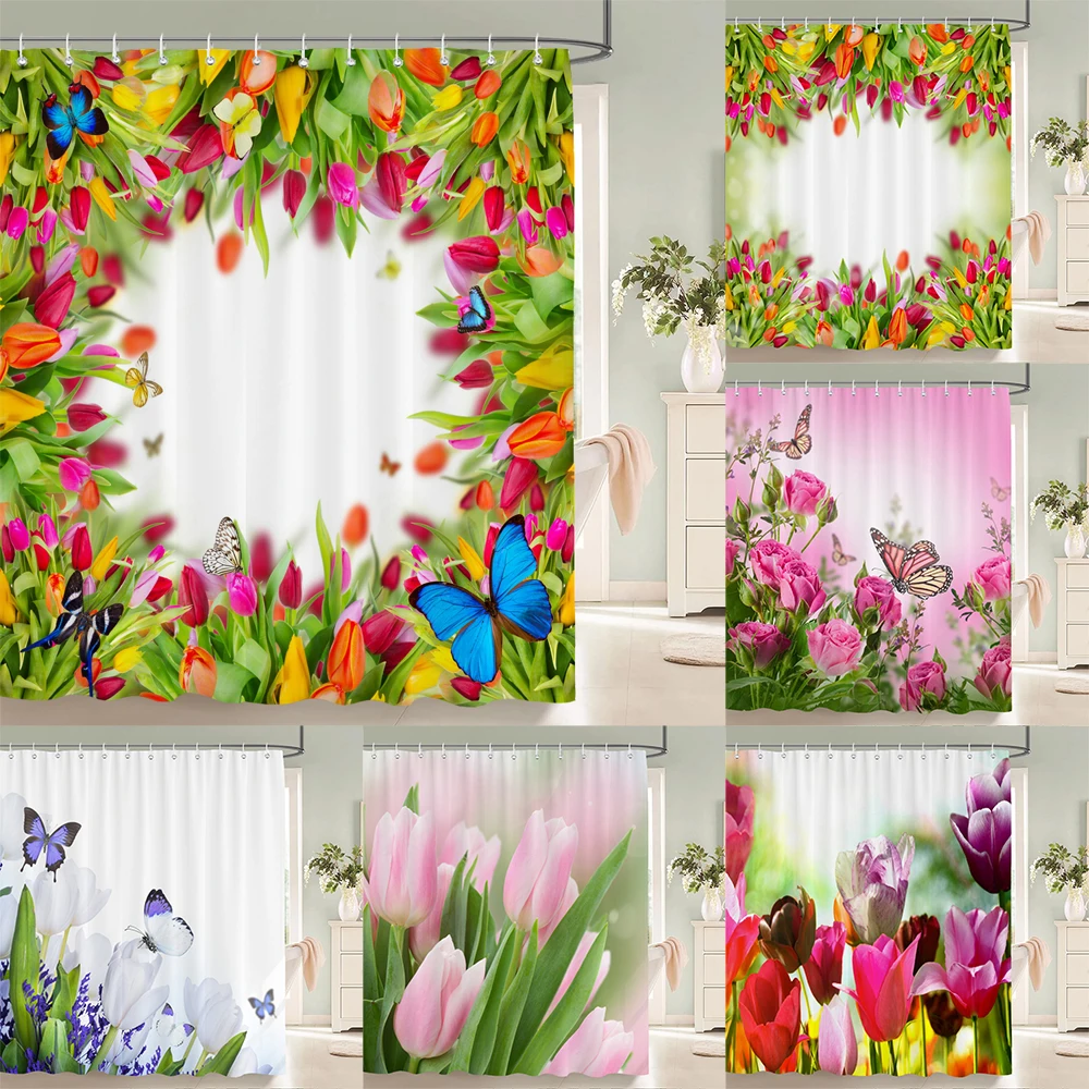 3d Tulip Fresh Flowers Shower Curtains Bathroom Waterproof Floral Bath Curtain Polyester Cloth With Hooks Decorative Bath Screen