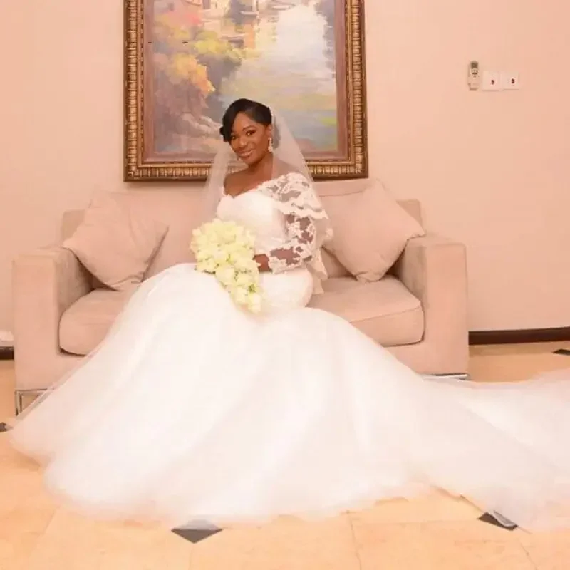 カスタマイズされたアフリカ人魚のウェディングドレス 3/4 袖レースアップリケアイボリーブライダルドレスプラスサイズローブデマリーのウェディングドレス