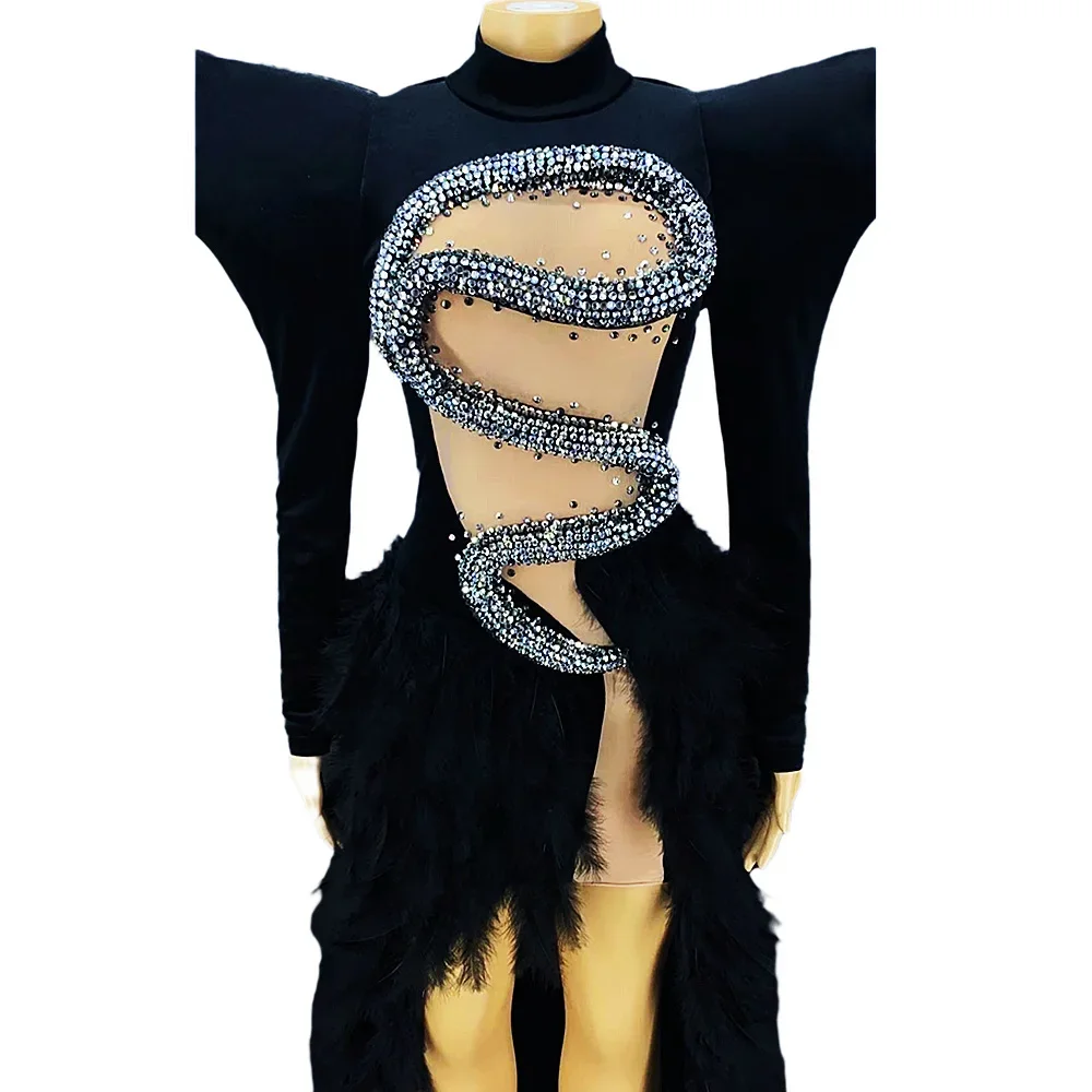 Black And White Shining Snack Rhinestones Sexy Long Feathers Dress For Women Evening Party Clothing Stage Fashion Rave Outfit