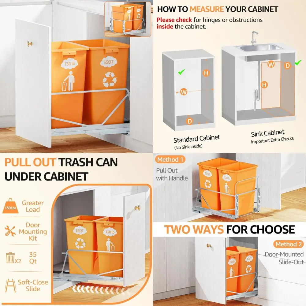 

Double Pullout Trash Can with Soft-Close Slides, Twin Mode Under Sink Garbage Bin Kit, Door Mounting for Kitchen Cabin