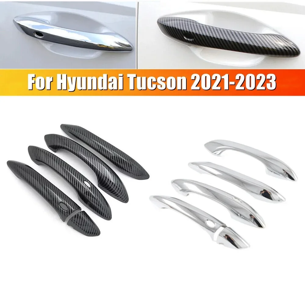 

For Hyundai Tucson 2022 2023 LHD Car Carbon Fiber Style Chrome Exterior Door Handle Moulding Cover Trim Decoration ABS Auto