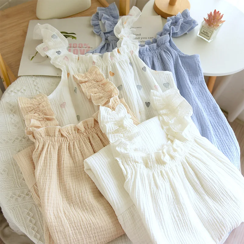 2026 new style women's autumn pure cotton camisole pajamas loose mid-length sweet and cute long dress home wear printed styl