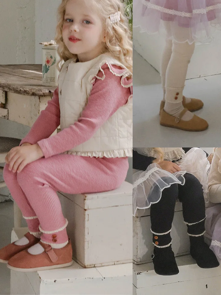 Fall 2025 New Korean Style Girls Elastic Ruffle Striped Slim Fit Base Layer Pants Trendy Children's Fashion Bottom Wear