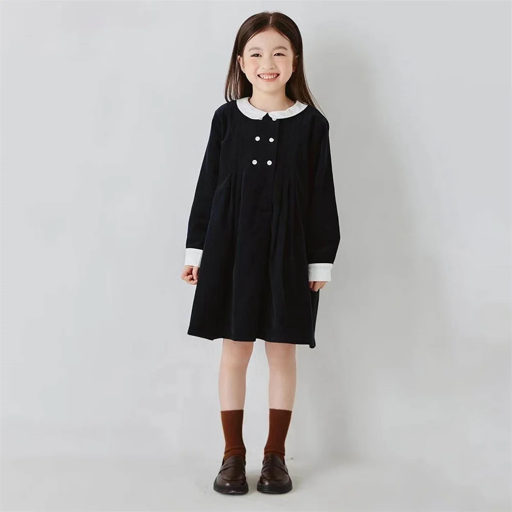 

Teenager Kids Navy Dresses for Toddler Girls Long Sleeve Corduroy Spring and Autumn Dress Turn-down Collar Children Fall Clothes