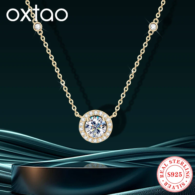 

OXTAO Women's Full Moissanite Necklace Original 925 Silver Classic Round Halo Pendant Necklace Exquisite Jewelry with Certified