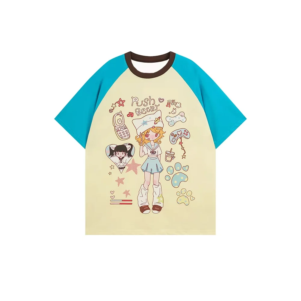 Camiseta de manga corta con dibujos de leche dulce para verano, hombres y mujeres, Miniso, moda informal, Color japonés bloqueado, Top cómodo para niños